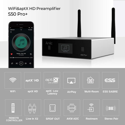 Airplay S50 Pro+ WiFi Bluetooth 5.0 Audio ReceiverHD Preamplifier with ESS Sabre Dac AKM ADC